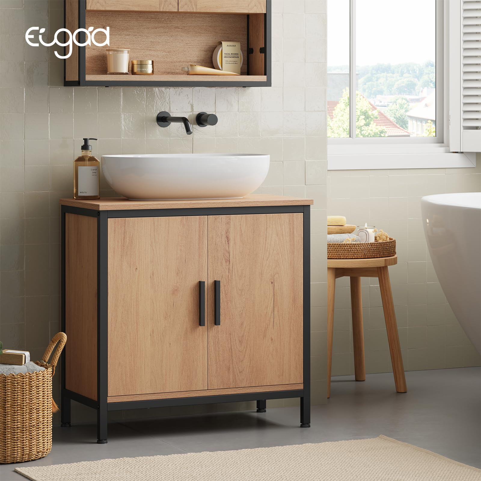 EUGAD Waschbeckenunterschrank 60x60x30 cm, Badezimmerschrank mit höhenverstellbarer Trennwand, Kleiner Schrank im Badezimmer, Badschrank aus Holzwerkstoff Metall, Schwarz