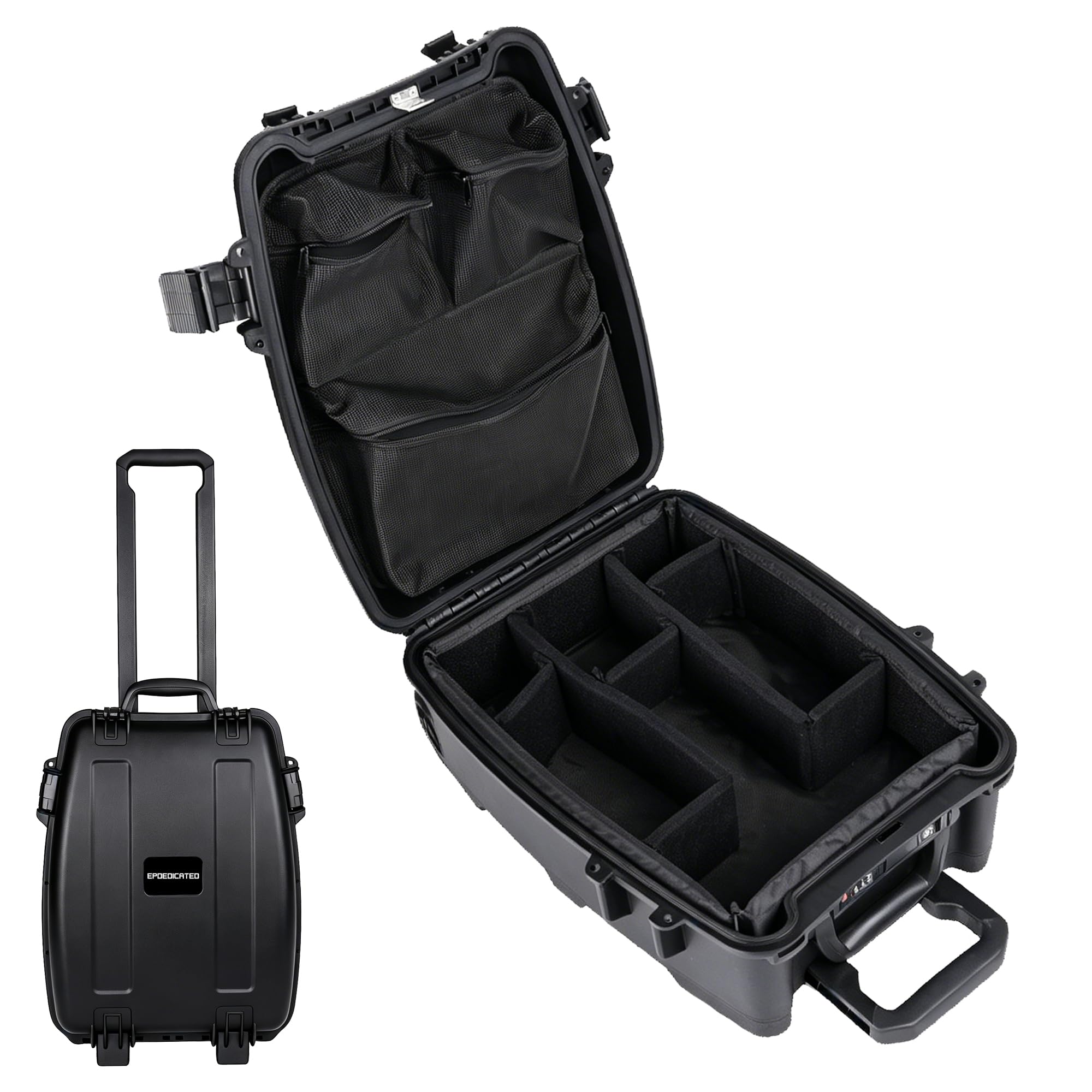 Rolling Camera Equipment - Custodia rigida con schiuma personalizzata, impermeabile e antiurto, per drone, manico telescopico, approvato per aereo, 36,1 x 21,1 x 50 cm, nero