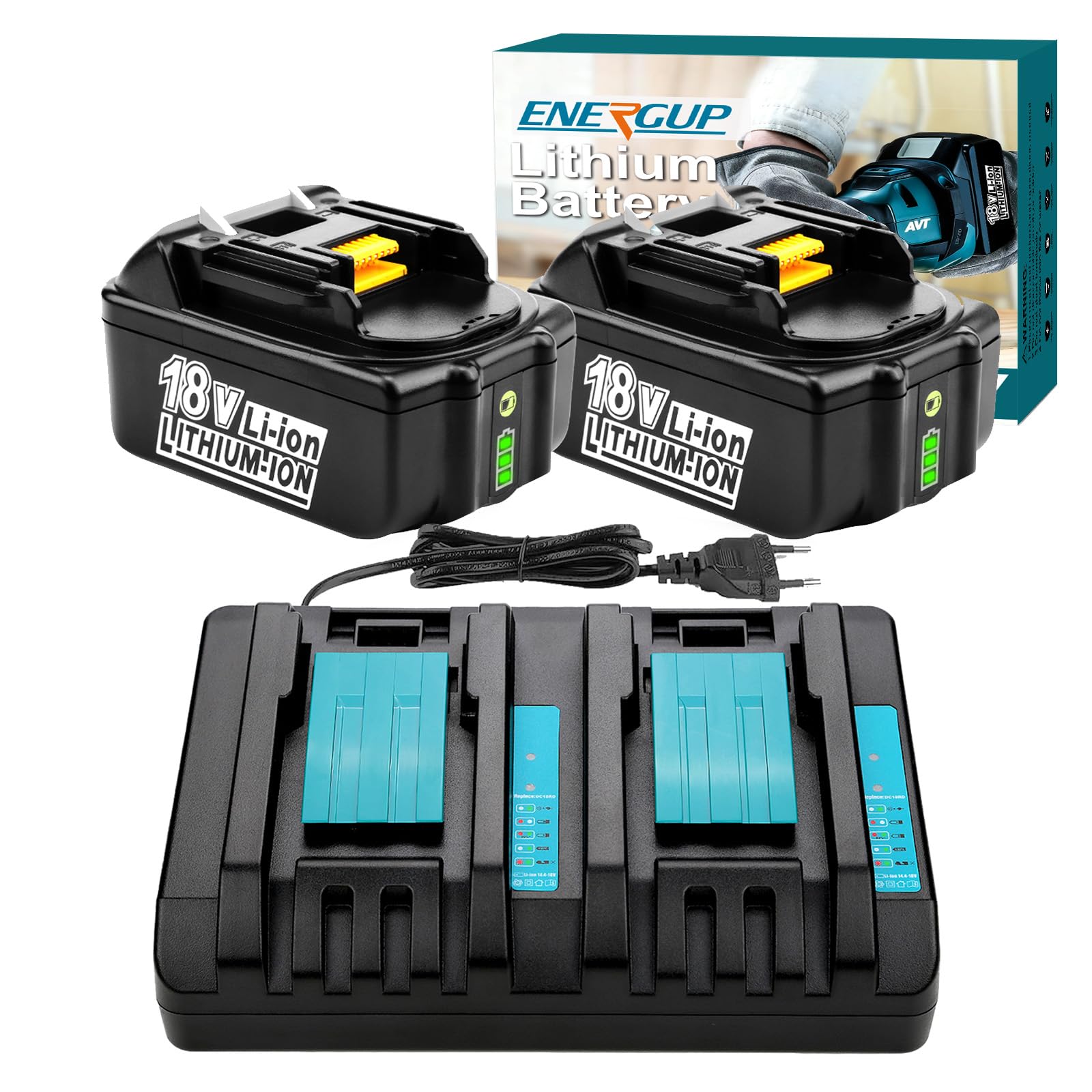 Energup 2 x 18V 5.0Ah Batteria + DC18RD Caricabatterie per Makita Batteria 18V BL1850B BL1850 BL1840 BL1830 BL1820 BL1815 BL1860