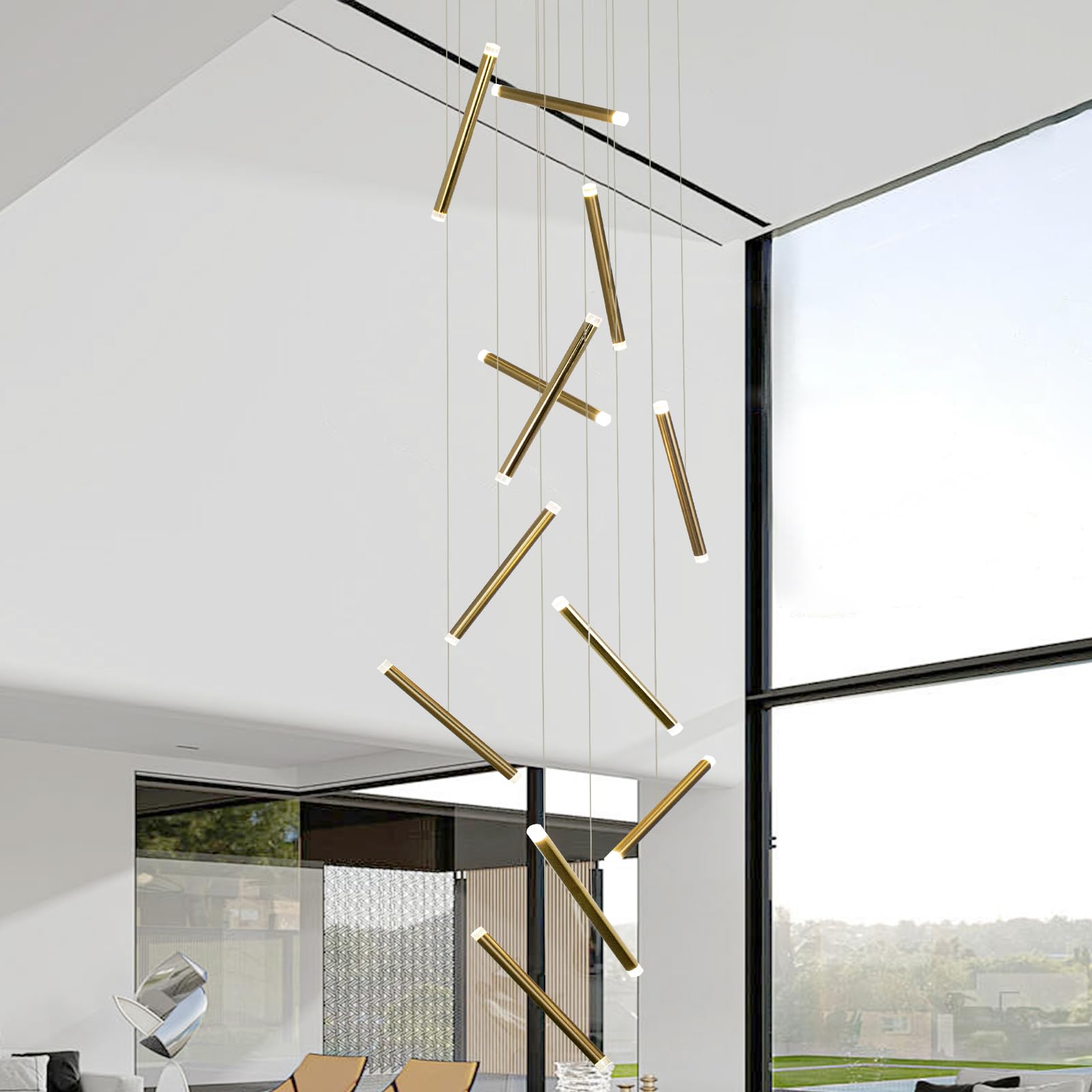 12-Light Modern LED Chandelier Staircase Gold Stainless Steel Strip Long Chandelier Spiral Art High Ceiling Chandelier for Foyer, Hanging Light for Lobby Stair Living Room, H118''