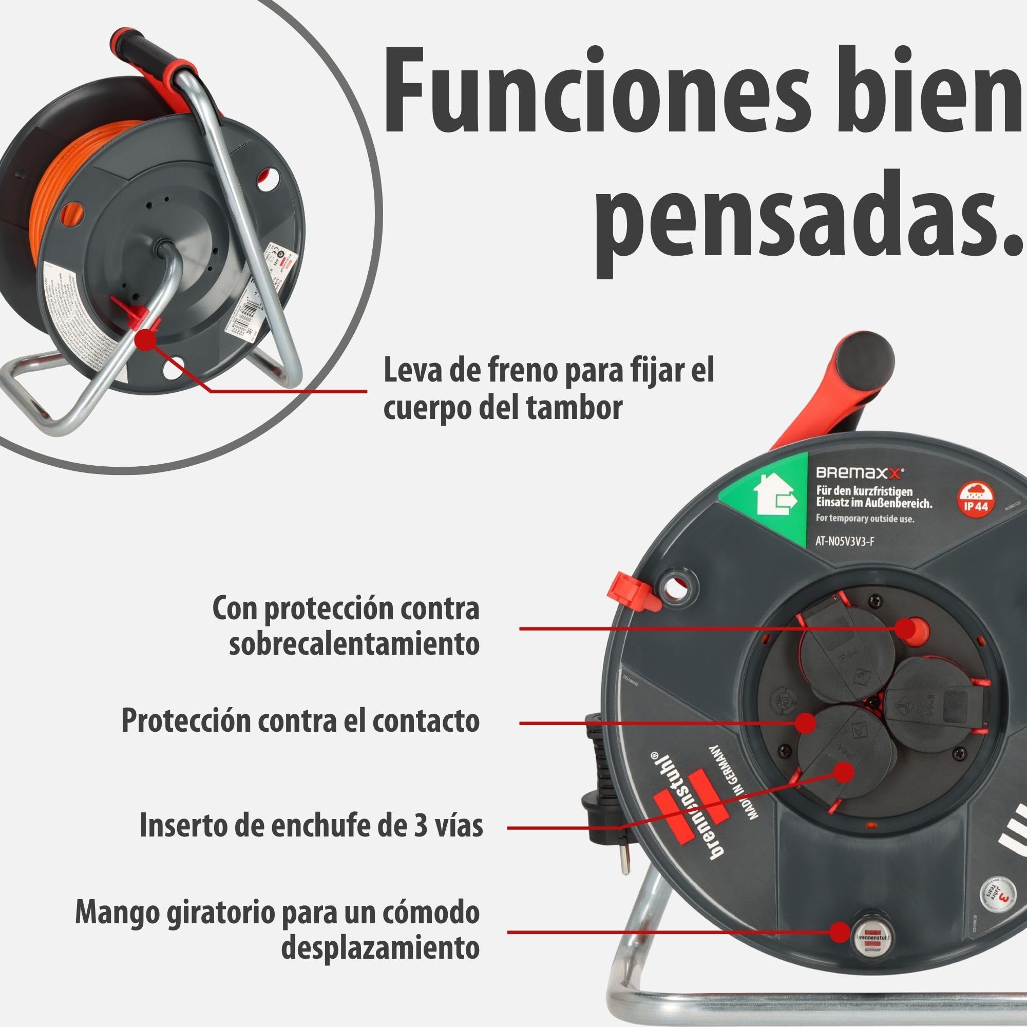 Brennenstuhl Garant V2 IP44 Enrollacables 40m exterior (Fabricado en Alemania, 3 tomas con conexión a tierra, protección contra sobrecalentamiento, uso a corto plazo en el exterior)