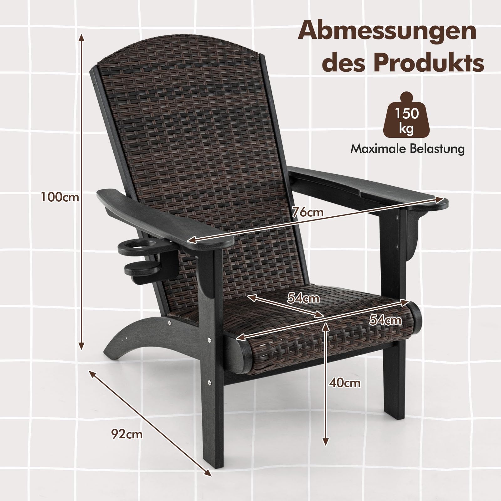 COSTWAY Adirondack Stuhl mit Getränkehalter, Adirondack Chair aus HDPE und Rattan, Gartensessel mit gepolstertem Sitz und Rückenlehne, für Garten, Terrasse (Schwarz + Braun gemischt)