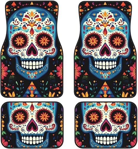 Car Floor Mats 4 Piece Universal Automotive Floor Mats Sugar Skulls Car Mat Set Rubber Floor Mats for Cars Non-Slip Car Foot Pad Car Carpet Decor Heel Pad for Most Vehicles