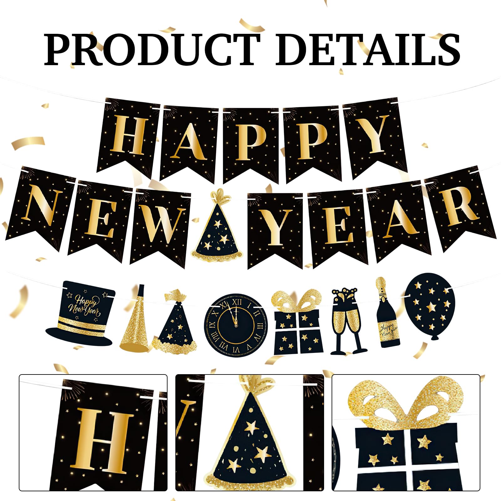 Happy New Year 2026 Banner, New Years Eve Party Decorations 2026, Glitter Black Gold Happy New Year Banner - Image 3