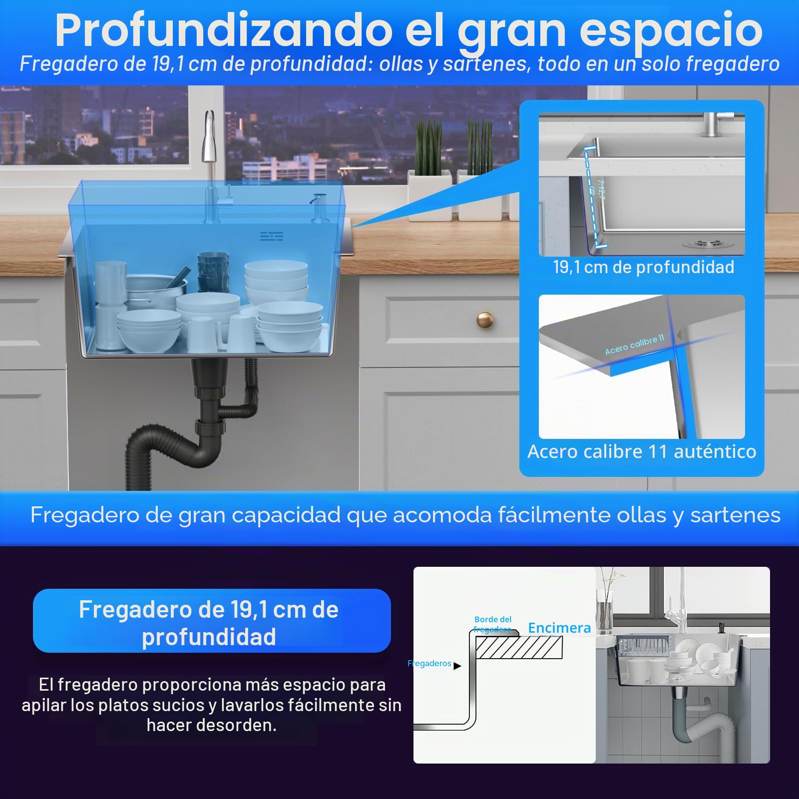 Fregadero Cocina 55 x 43 cm,Fregadero Cocina en Acero Inoxidable,Fregadero Bajo Encimera o Sobre Encimera con Filtro de Drenaje,Sifón e Juego de Desagüe