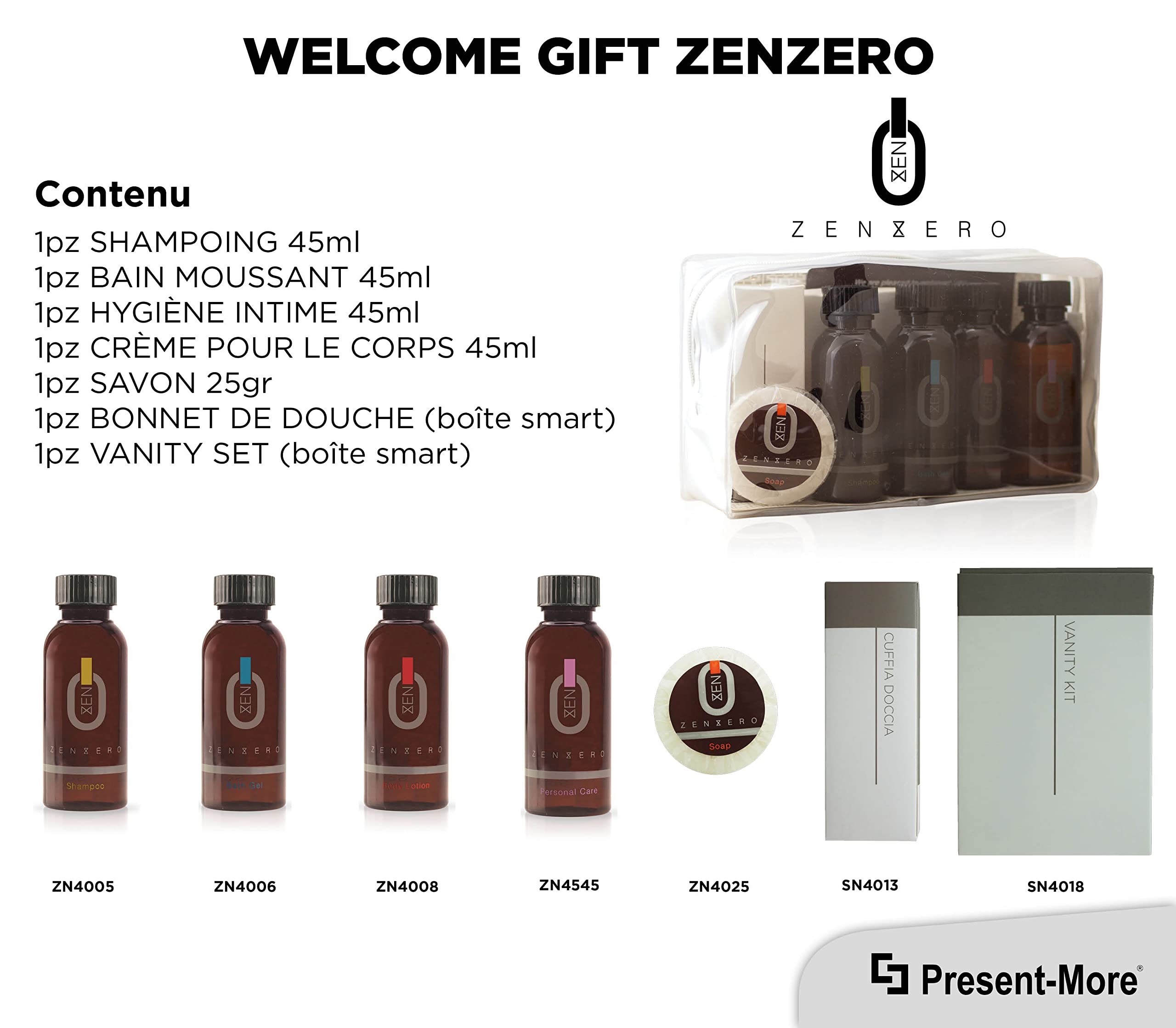 PRESENT-MORE - Kit Accueil 24 Invités Zenzero - Parfum Gingembre et Citron - Contenu: Shampooing, Gel Douche, Crème, Gel Intime, Savon et Accessoires - Pour Hôtels et B&B