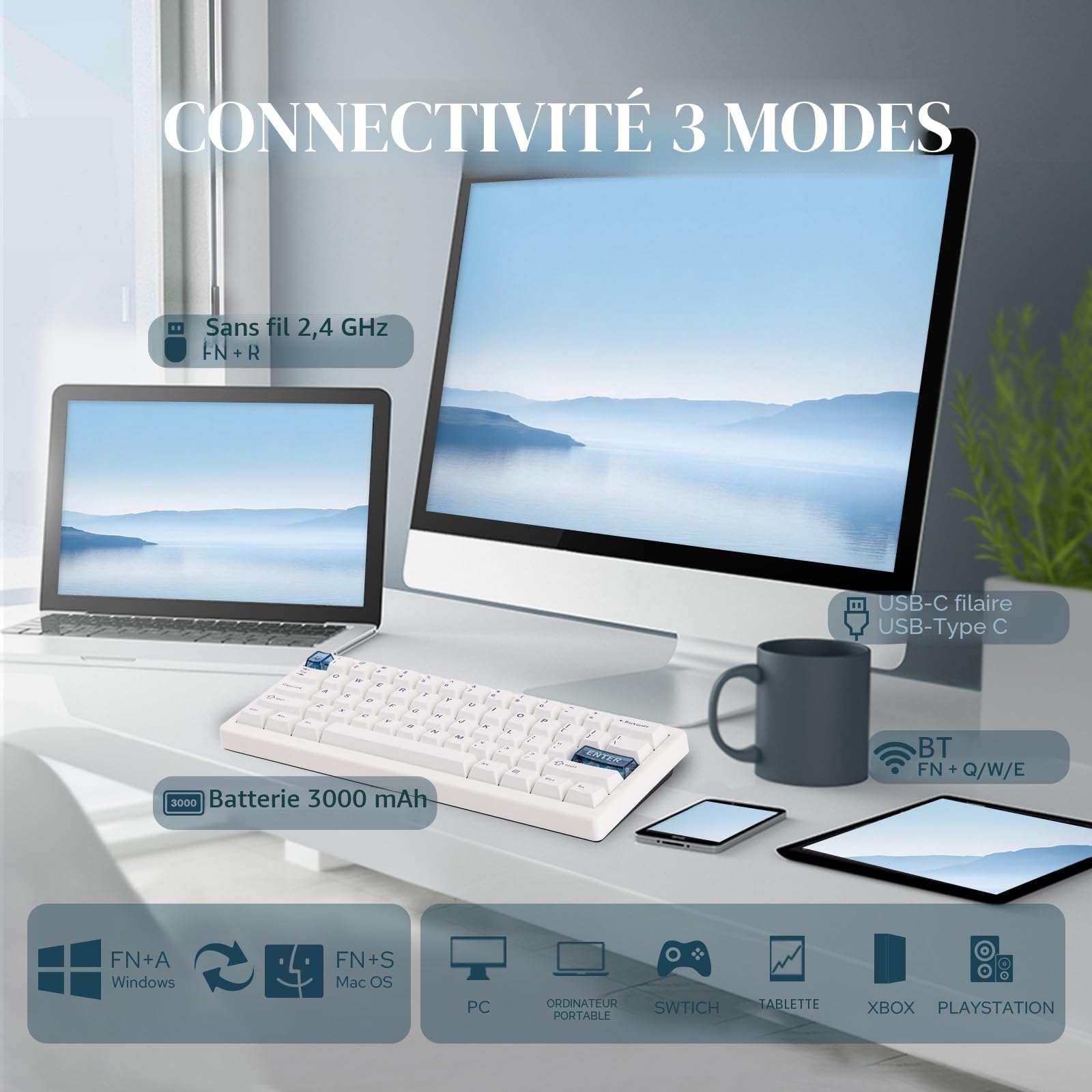MechLands CIDOO QK61 V2 Via Clavier Programmable 60% Sans Fil, Clavier Mécanique Personnalisable à Chaud, Batterie 3000 mAh pour Win/Mac (Blanc)