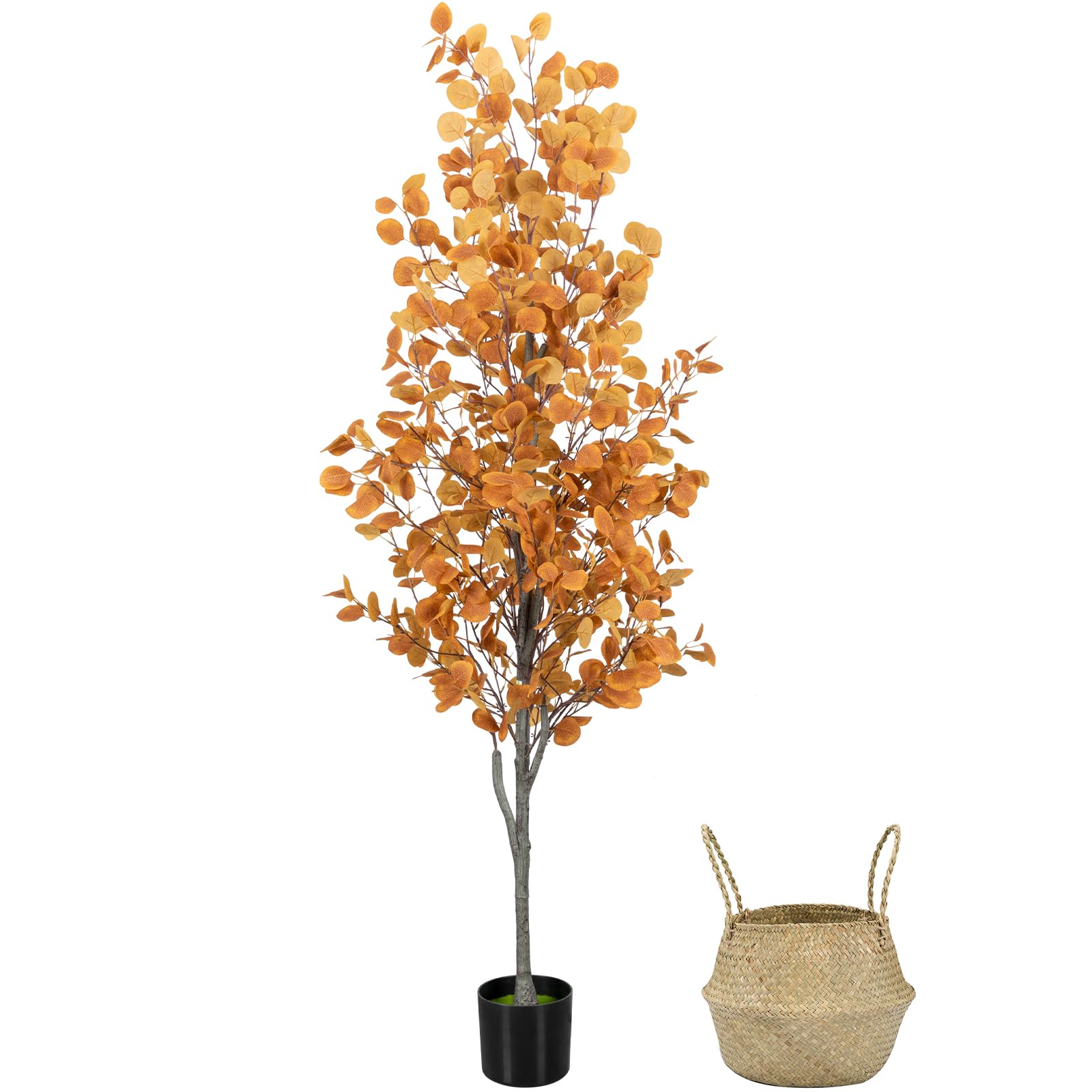 6FT Fall Artificial Eucalyptus Tree with Wicker Basket, Orange Potted Faux Eucalyptus Trees, Autumn Fake Eucalyptus Plants, Lifelike Leaves & Natural Trunk for Home Office Bedroom, Indoor