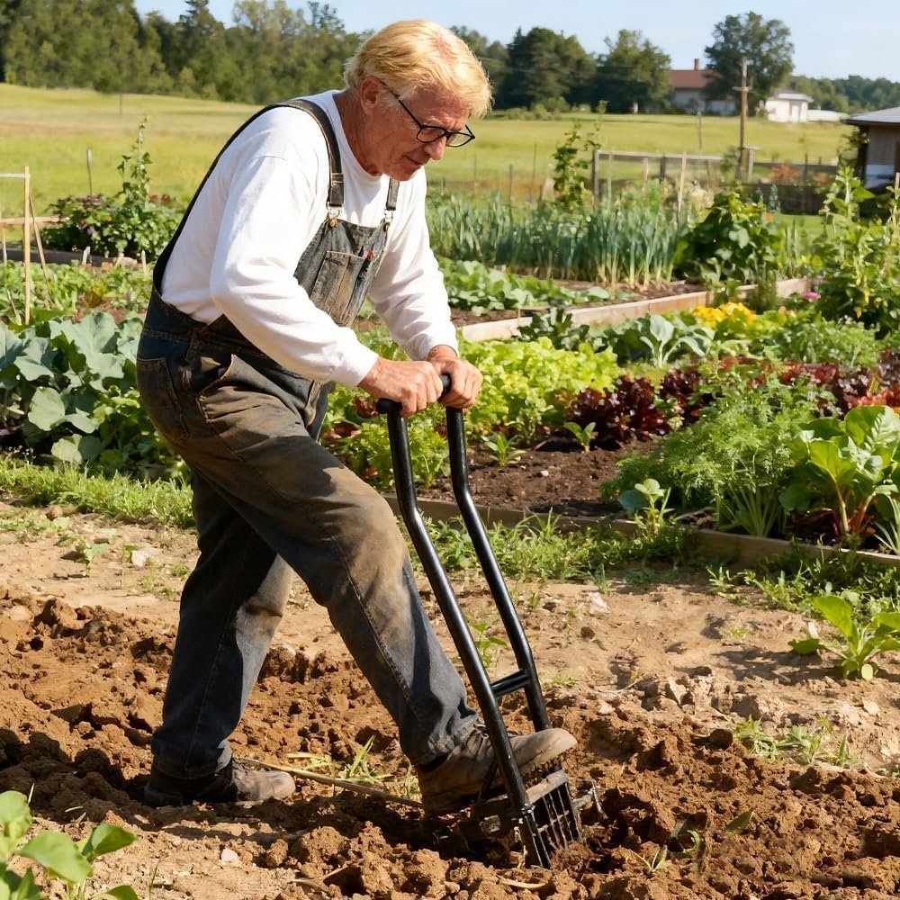 Paletta a forchetta per scavo, per allentamento profondo e aerazione del terreno, dotata di due manici ergonomici, risparmio di fatica e facile da usare. Larghezza di lavoro 29 cm