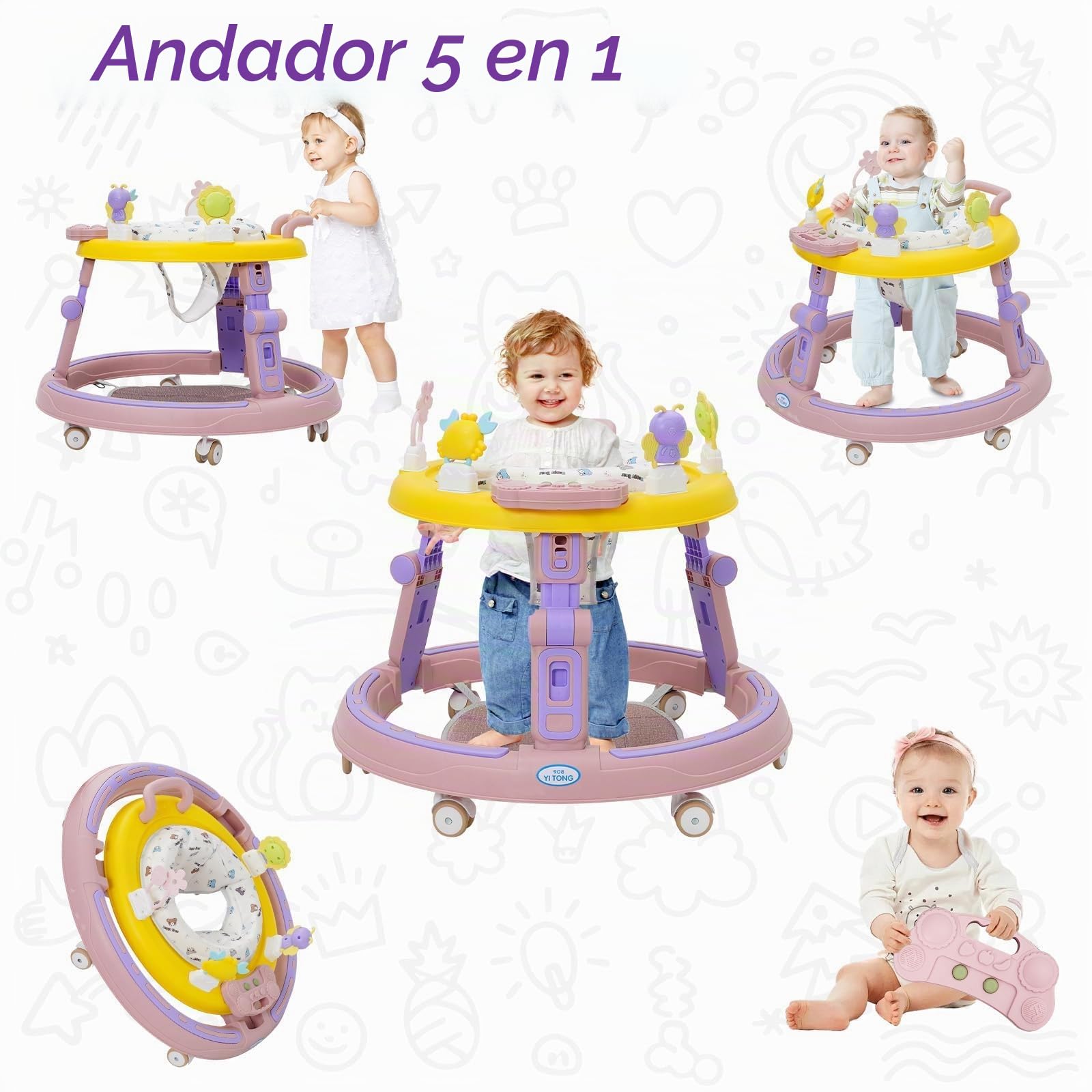 Andador Bebes 5 en 1,Tacata Bebe Plegable con Altura Música,Plegable Asiento Giratorio 360°,6 Ruedas Silenciosas,Apto Para Niños y Niñas a Partir de 6 Meses