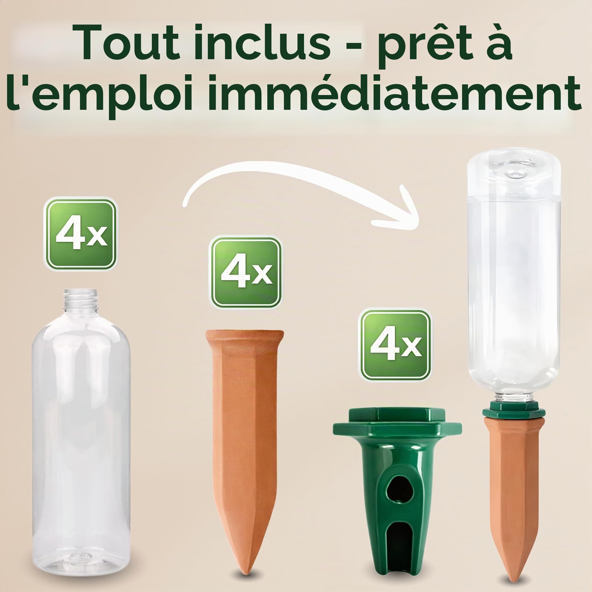 Système d'irrigation pour plantes – Lot de cônes en argile incl. adaptateurs & bouteilles en PET de 750 ml – Arrosage automatique en vacances pour plantes d'intérieur & balcon