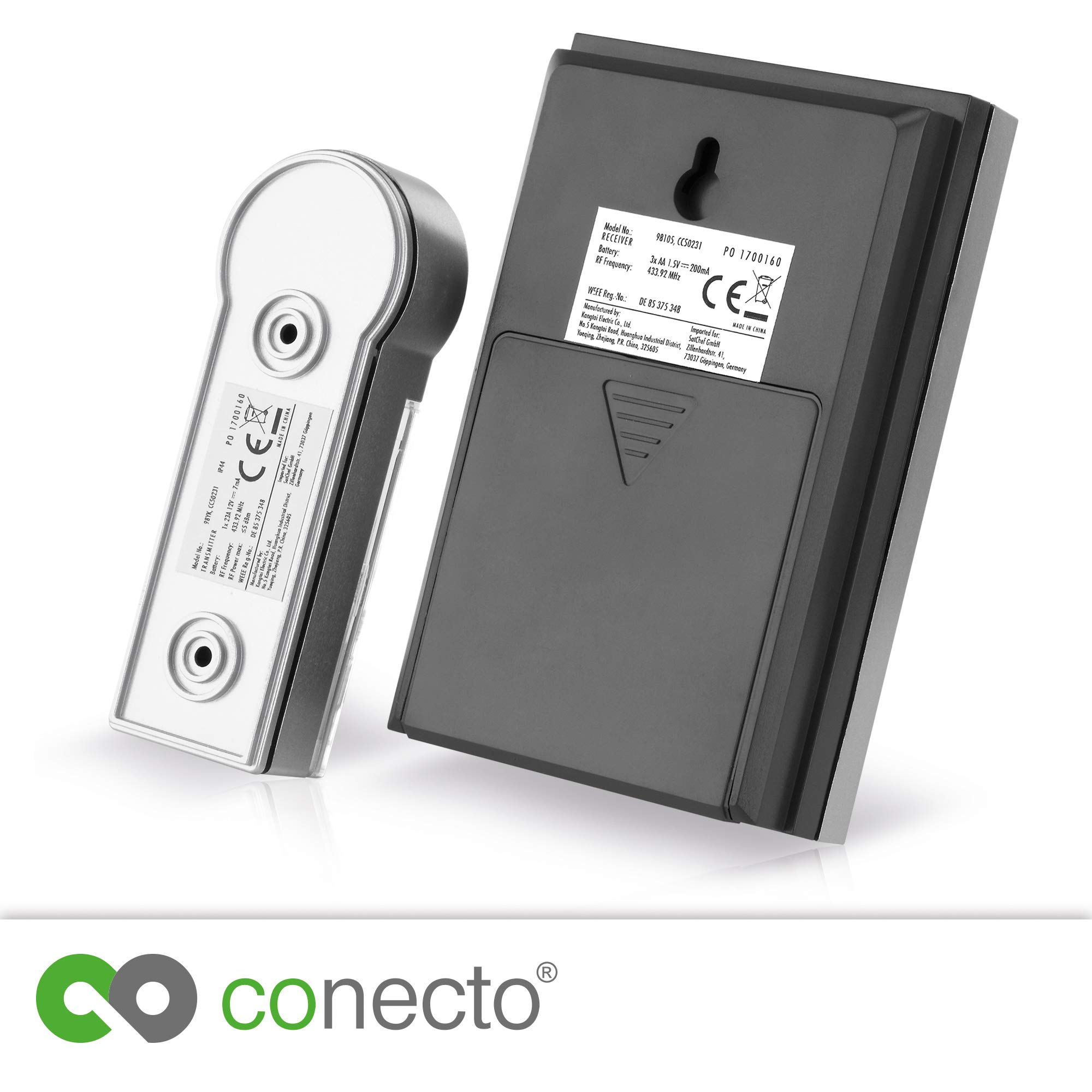conecto Juego de Timbre inalámbrico, pulsador y Timbre, Alcance de 100 Metros, 16 Tonos de Llamada, inalámbrico, Funciona con Pilas, Plateado