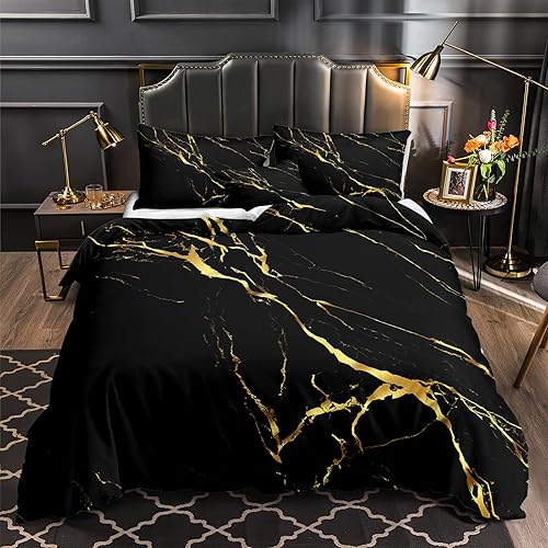 Merryword Black Marble Comforter Set King Size Gold Metallic Marble Comforter Set Black Gold Marble Pattern Modern Luxury Bedding Set 4 Pieces 1 Comforter 2 Pillowcases 1 Cushion Cover