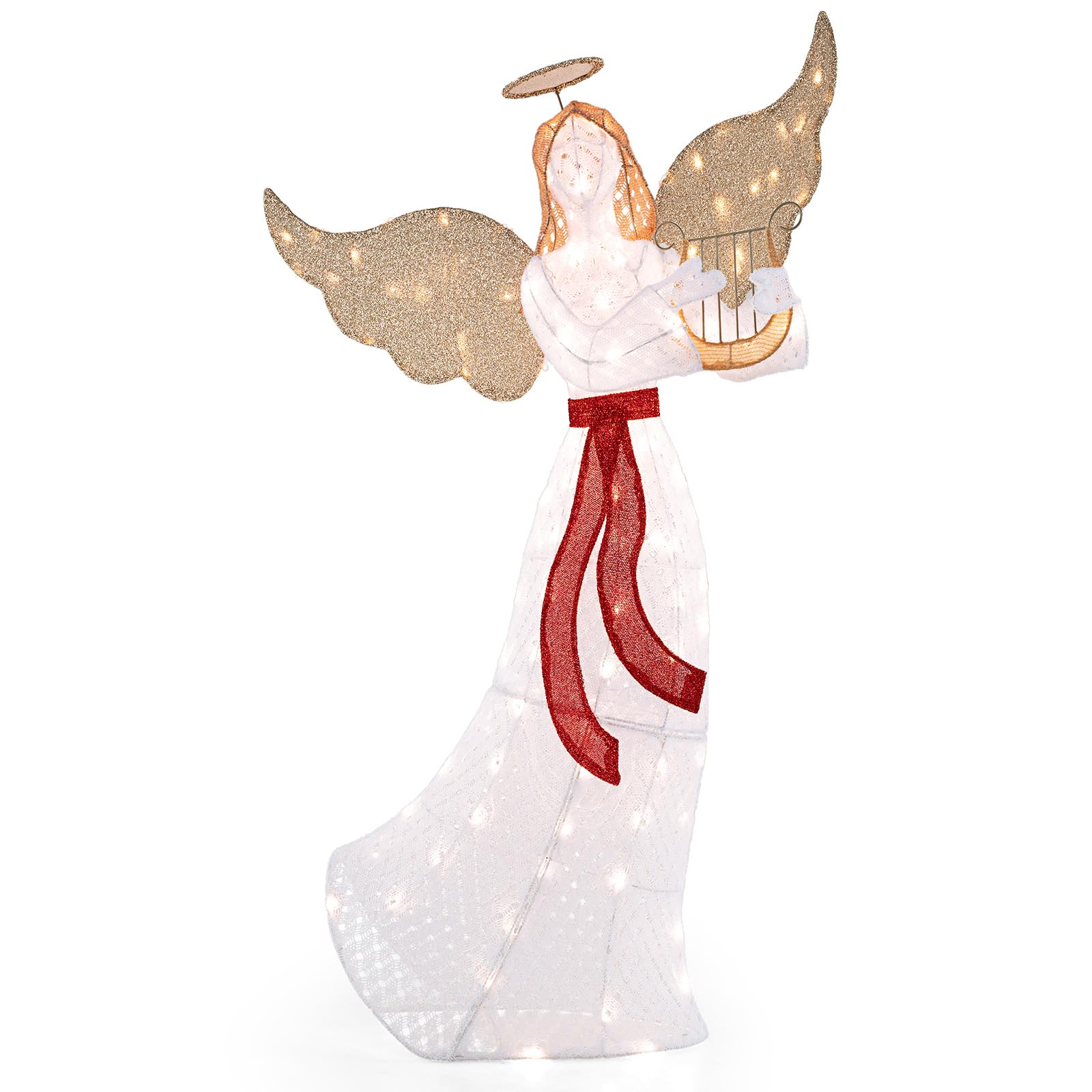 GOPLUS 150cm großer LED Engel mit Harfe, beleuchteter Weihnachtsengel warmweiß mit 120 LED-Lichtern, Weihnachtsbeleuchtung Figur Engel für Außen Innen Weihnachten Dekoration