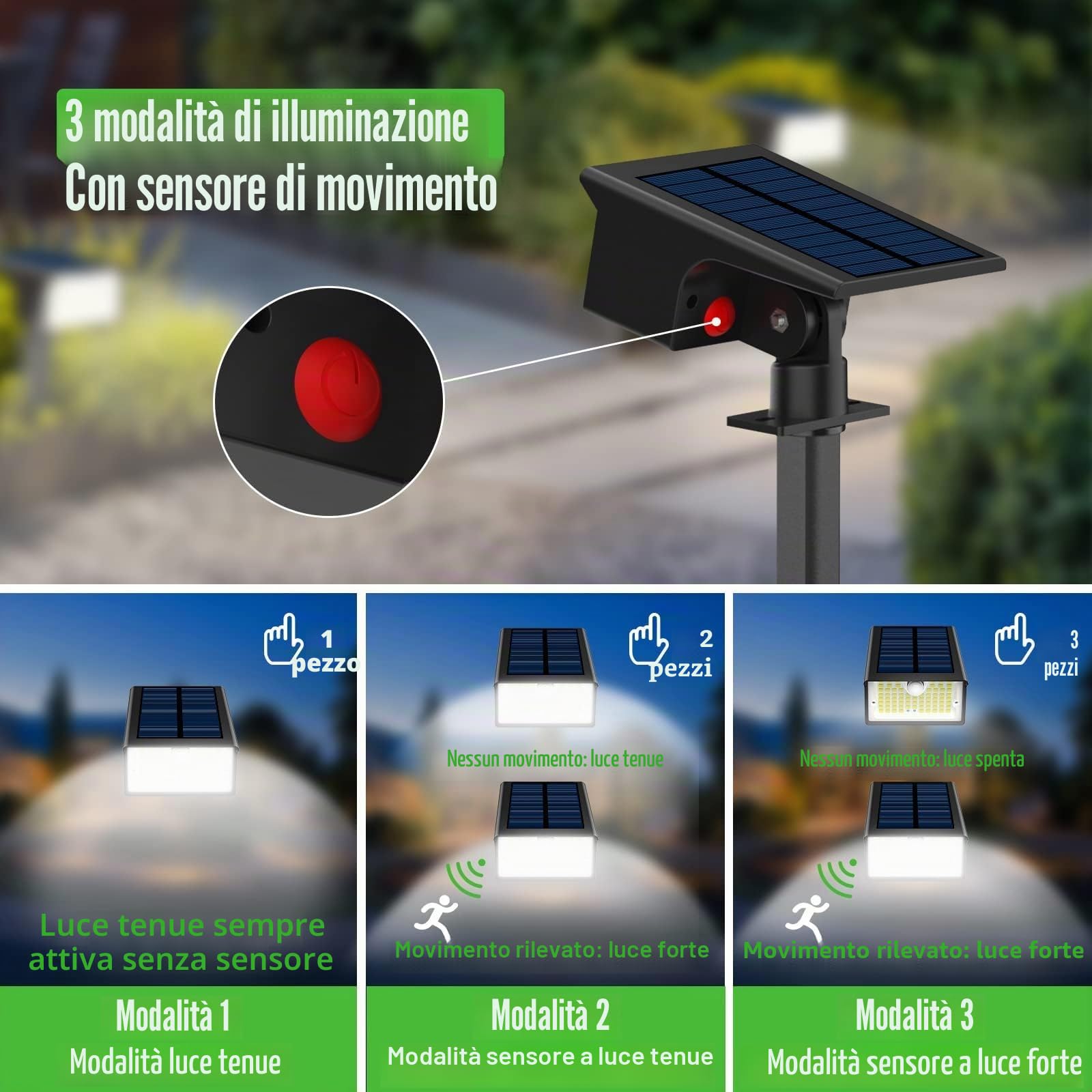 nipify 6 Pezzi Faretti Solari a LED da Esterno con Sensore di Movimento, 62LED 3 Modes Lampade Solare da Giardino Potenti, IP65 Impermeabile Luci Solari per Cortile, Vialetto, Bianco Freddo