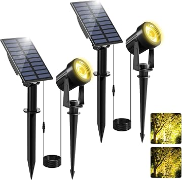 NATPOW Outdoor Solar Spotlights, 2 Pack Garden Spot Lights Warm White IP65 Waterproof Auto ON/Off Dusk Till Dawn Uplighters for Tree Yard Driveway Porch Walkway Pathway [Energy Class F]