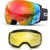 Odoland Occhiali da sci unisex per uomo e donna ragazzi occhiali da snowboard senza montatura con vetro magnetico intercambiabile protezione UV anti-nebbia occhiali da neve compatibili con casco per A1-Telaio Nero Lente Rosso VLT 15%