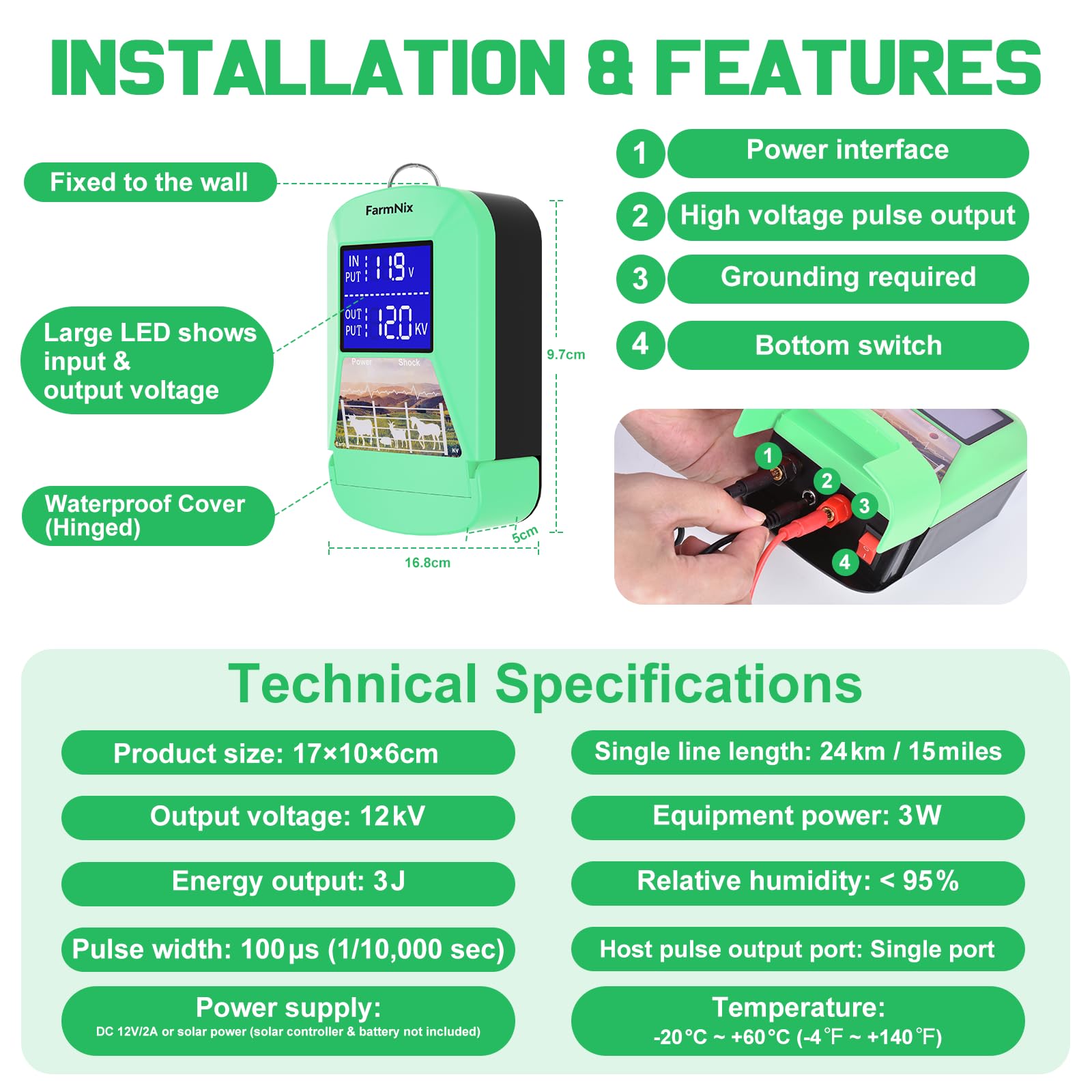 Elettrificatore per recinzione elettrica 3J 12KV, 24 KM con Display LED | Centralina per recinzione elettrica, alimentazione a rete, bovini, cavalli, pecore, capre, cinghiali
