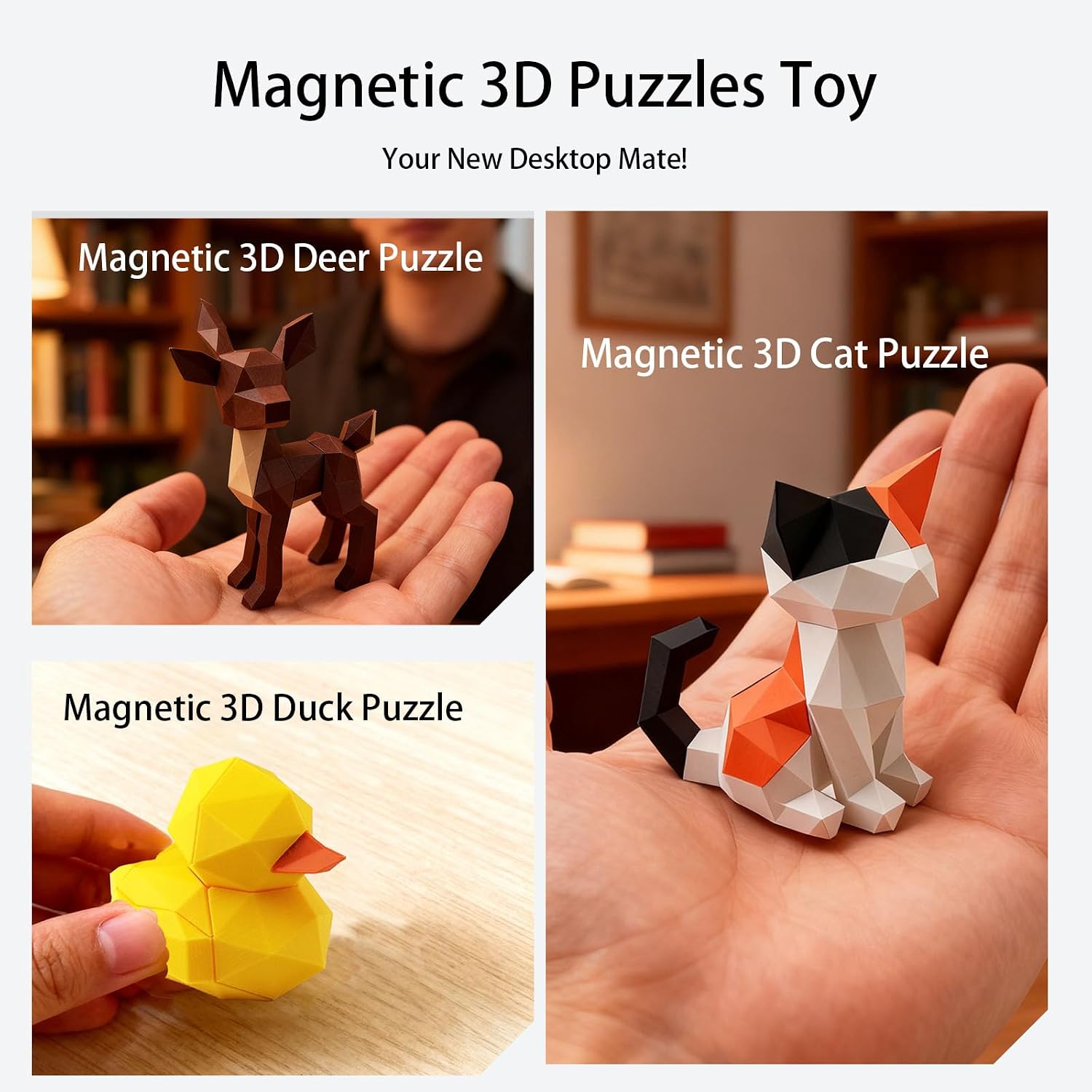 3D Magnetic Puzzle,Magnetic Animal Puzzle Toys for Adult,3PCS Cat,Deer,Duck Model Collectible Novelty Desk Decor Toy