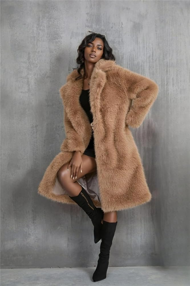Tinhulf Brown Women's Knee Length Faux Fur Coat Warm Soft Fur