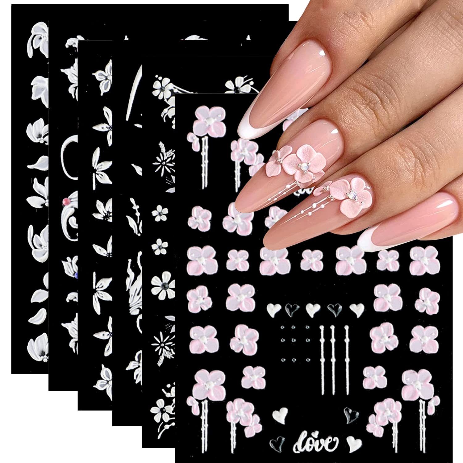 6Sheets 5D Flower Nail Art Stickrs Exquisite Embossed Designs Spring 3D Self-Adhesive Nail Decals Cute Floral Nail Decorations White Flowers DIY Manicure Accessories for Women Girls Nail Supplies