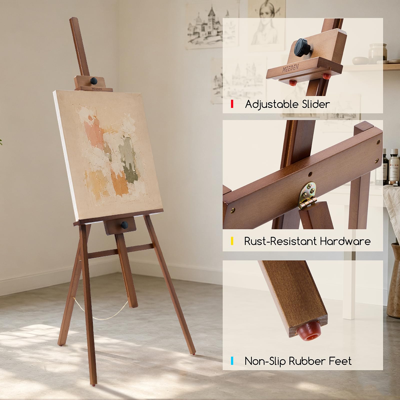 MEEDEN Chevalet de peinture: chevalet en bois de hêtre massif pour peinture