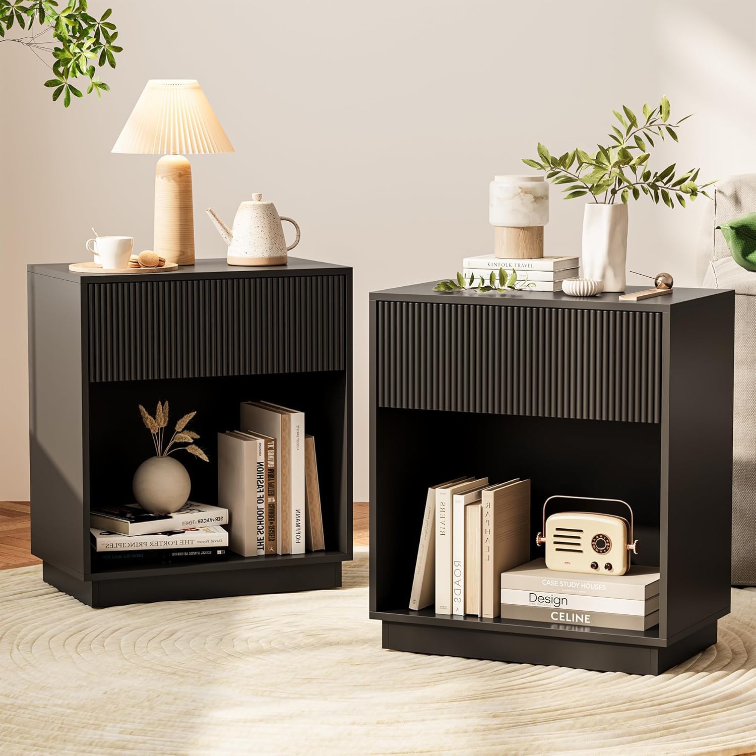 Fluted Nightstands Set of 2, Modern Bedside Table with Drawer and Storage Shelf, Wood End Table Mid Century Night Stands for Bedroom Living Room (Black, Set of 2)-picture-21