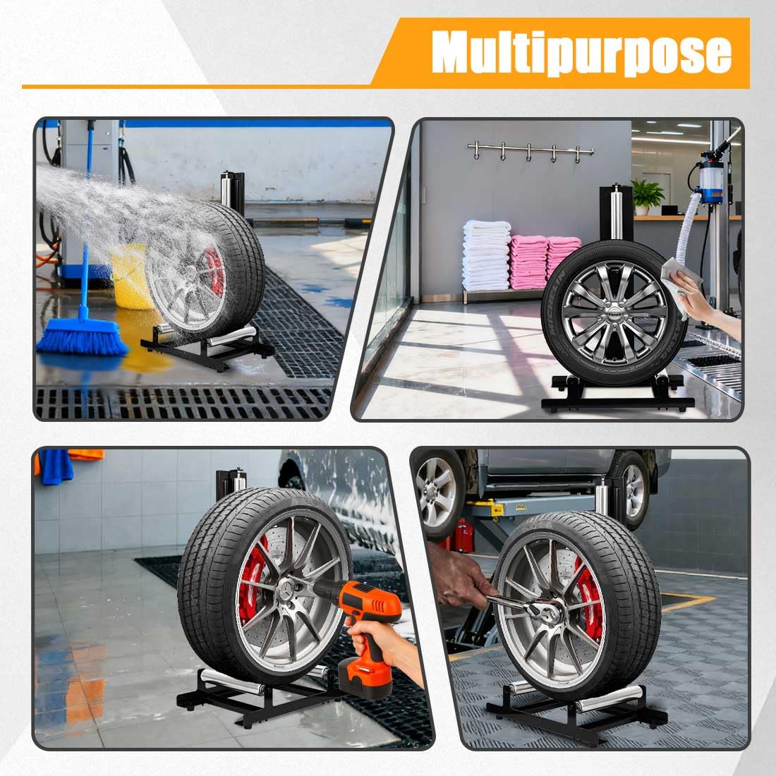 Soporte para neumáticos de moto, soporte de limpieza para neumáticos de coche, soporte para garaje, accesorios para limpieza y pulido de neumáticos, capacidad de carga 50 kg, 58x36.5x89 cm