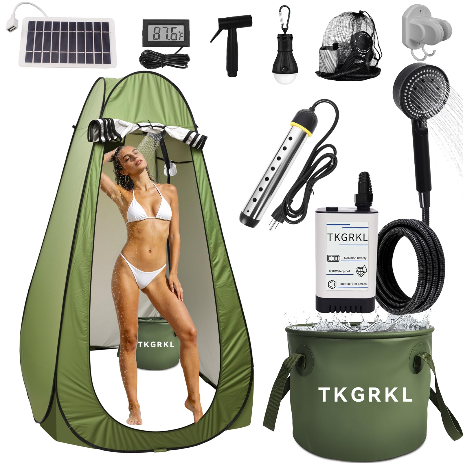 View 1 of 11PCS Portable Shower with Heater for Camping Shower Tent Set, 1500W Immersion Heater with Auto Shut-Off, 6000mAh Rechargeable Portable Shower with 5 Gallons Foldable Bucket, USB Solar Charging Panel