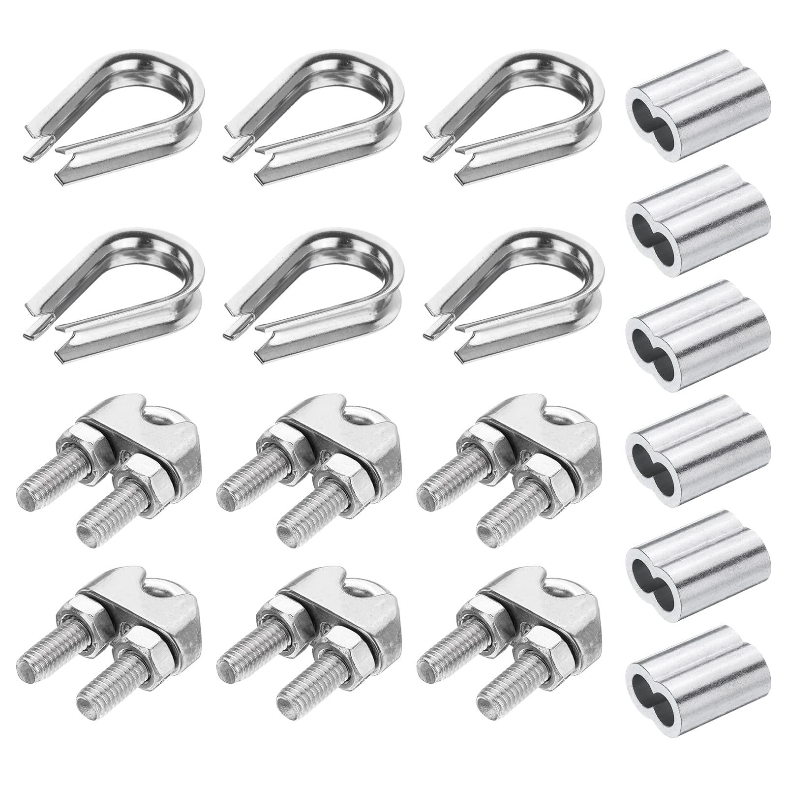 PATIKIL 18Pcs M6 304 Stainless Steel Wire Rope Kit, Wire Rope Cable Clip Clamp, Tube Thimble and Crimping Loop for 1/4 Inch Wire Rope Cable Thimbles, Silver