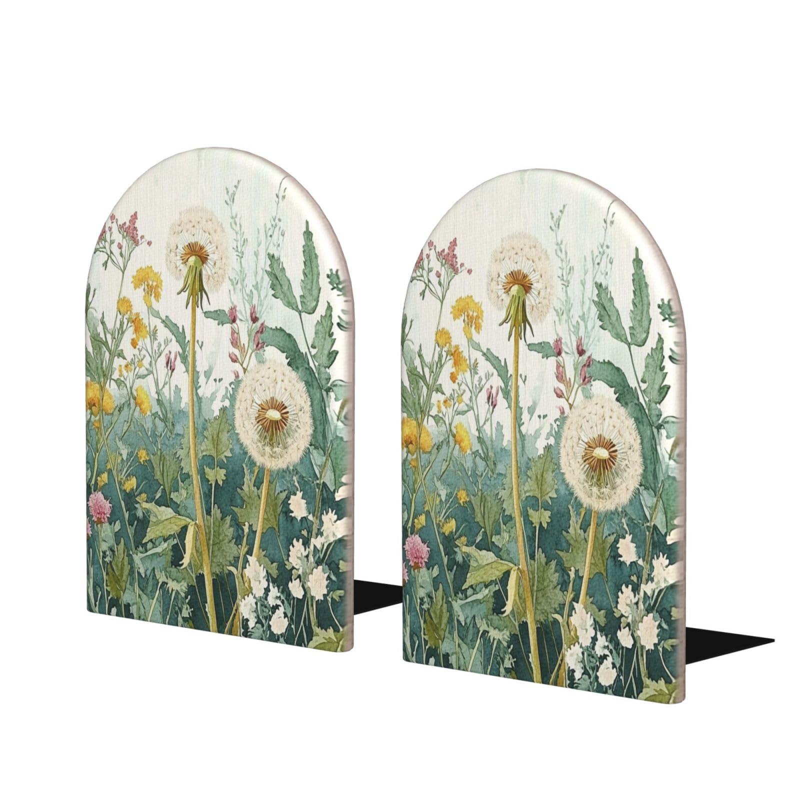 Spring Wild Flowers Dandelion Bookends Decorative Summer Green Leaves Book Ends for Shelves Heavy Books Holder Organizer Non-Slip Desk Book End for