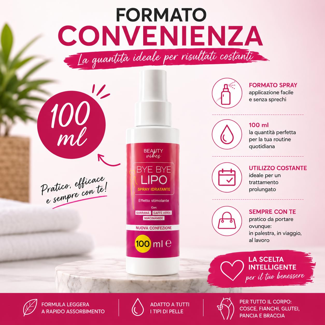 Bye Bye Lipo Spray Anticellulite 200ml | Trattamento Snellente e Tonificante, Niacinamide, Attivi Rassodanti Corpo