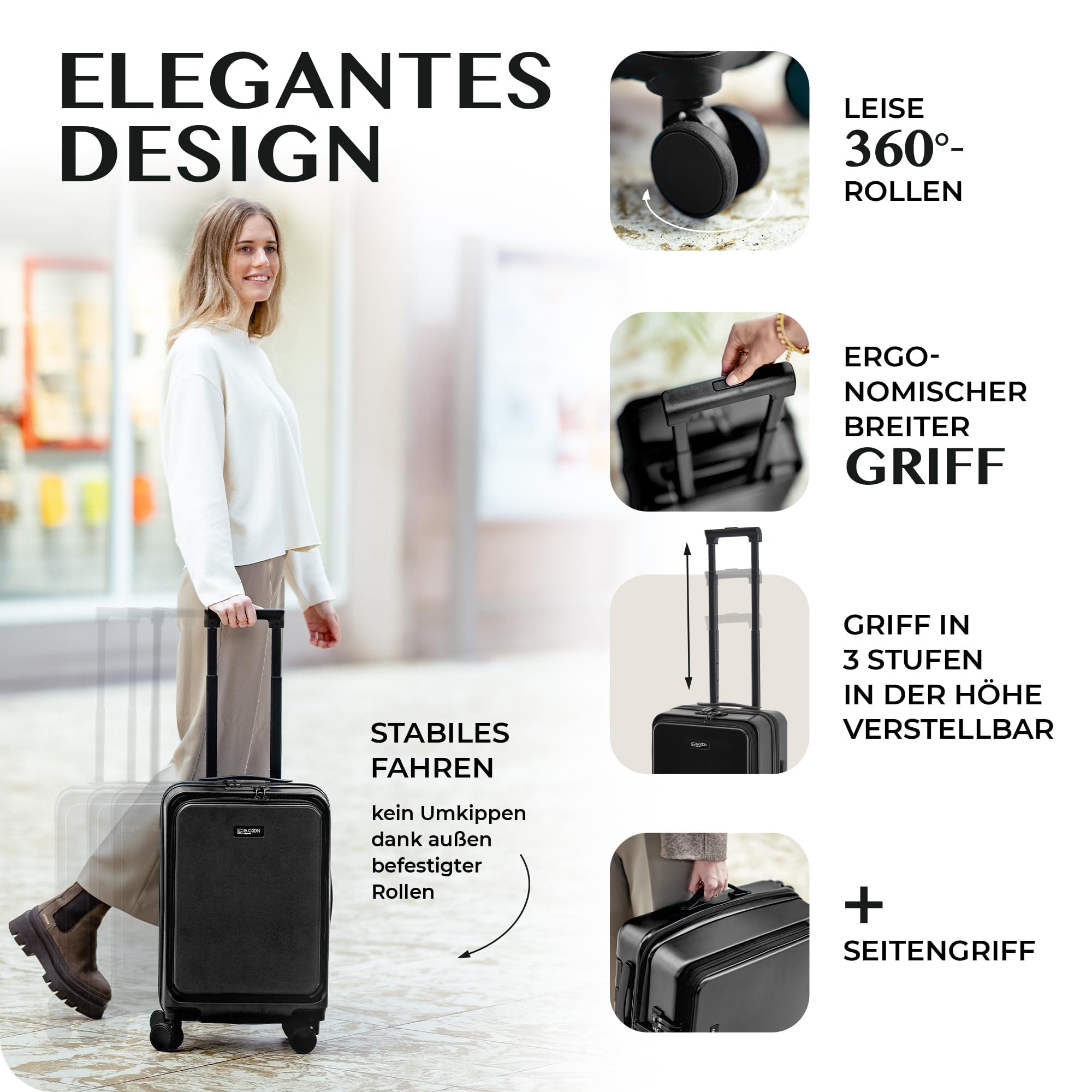 LA GOON Handgepäck Koffer - 100% PC (Polycarbonat) - Laptopfach - Fronttasche - Business - Rollkoffer Handgepäck [TSA Zahlenschloss] Carry-Ons, Trolley