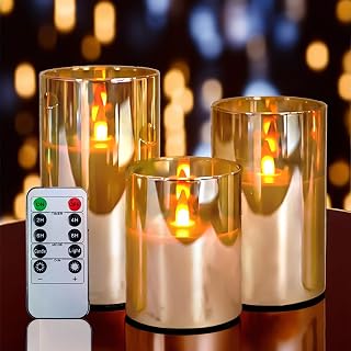 NICEME Radiance Evanescing Flameless Candles with Remote, 3 Pack Glass Battery Operated Candles with Timer, Real Wax Glass LED Candles Flickering Wedding Home Party Christmas D3 x H4 5" 6" Gold