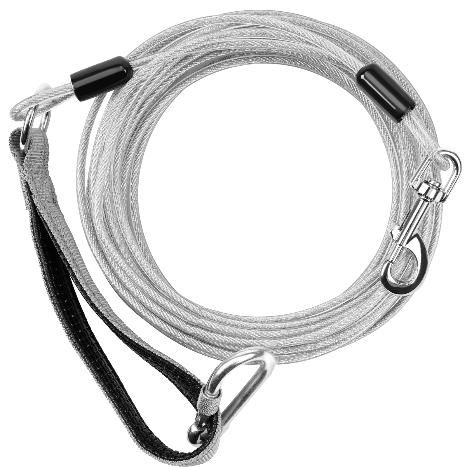 Long Leash Chew Proof, Tie Out Cable for Dogs 10/20/30/50 ft With Carabiner, Leads for Yard Medium Large Dogs, Padded Handle (Grey, 30Ft)