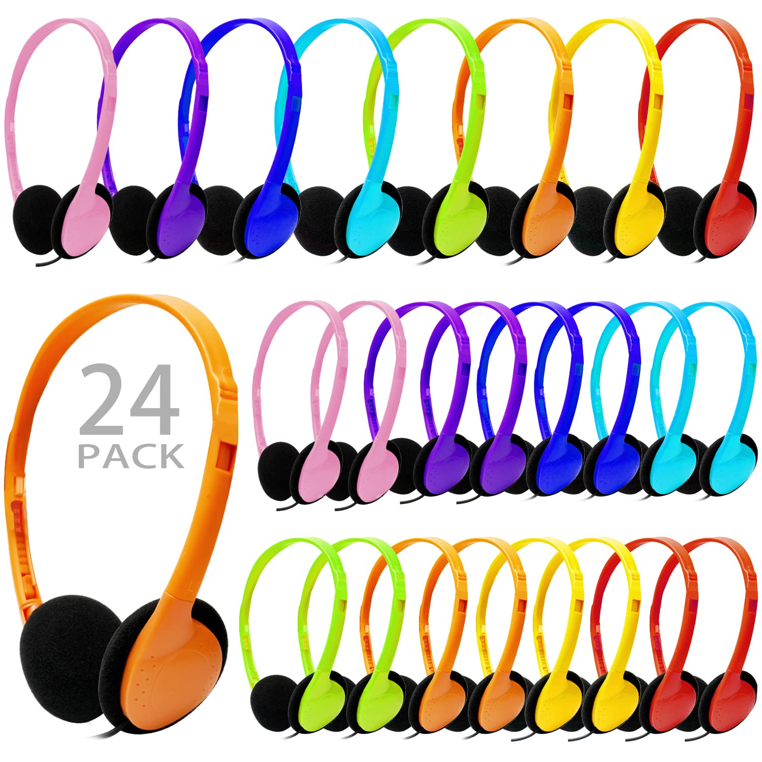 CN-OutletKids Headphones Bulk 24 Pack Multi Color for School Classroom Students Children Toddler Boys Girls Teen and Adult (24 Pack)