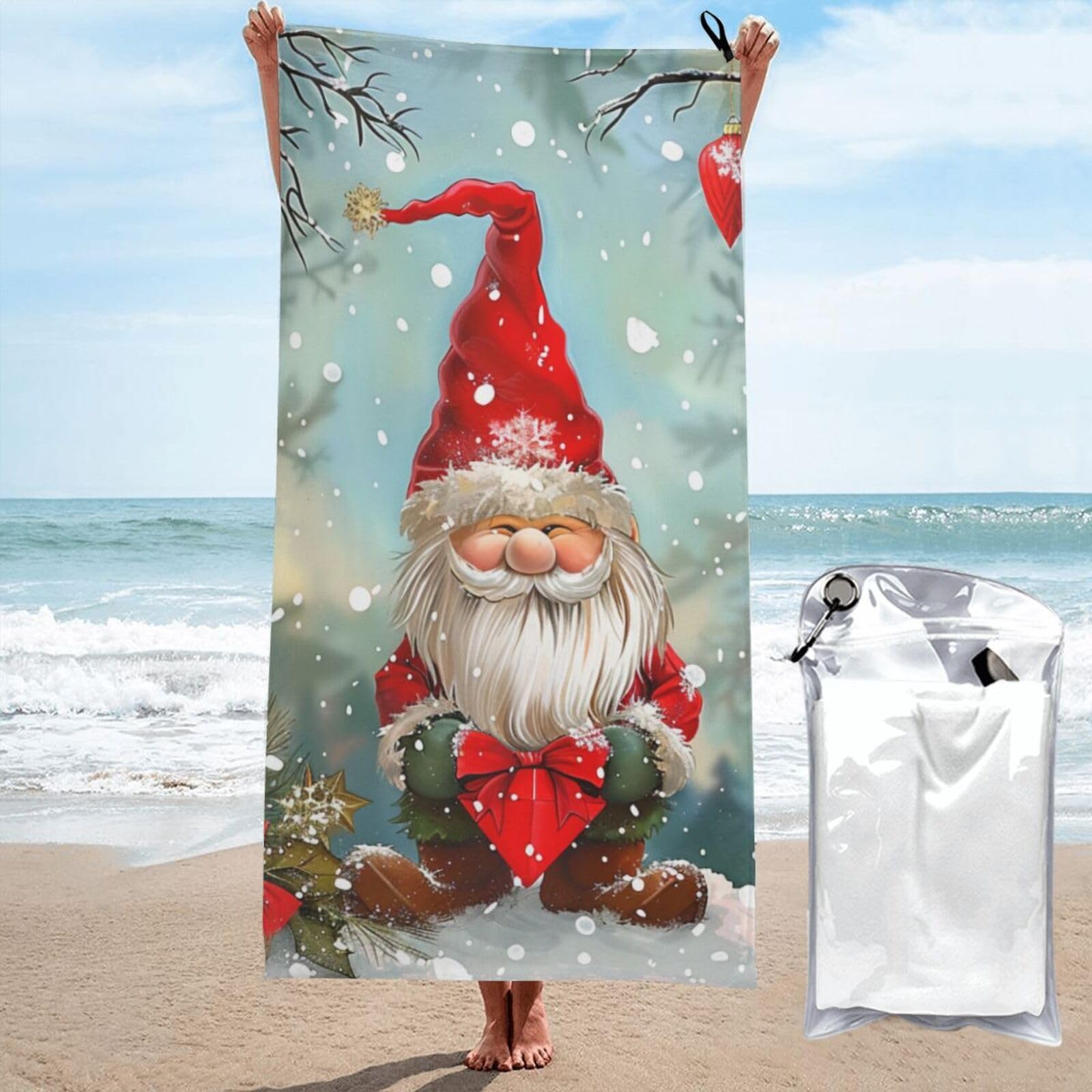 kkvhhyuo Microfiber Beach Towel, Christmas Traditional Gnome Printed Lightweight Quick Dry Travel Bath Sheet with Compact Carry Bag for Swimming Yoga Camping Gym,27.5"x55"