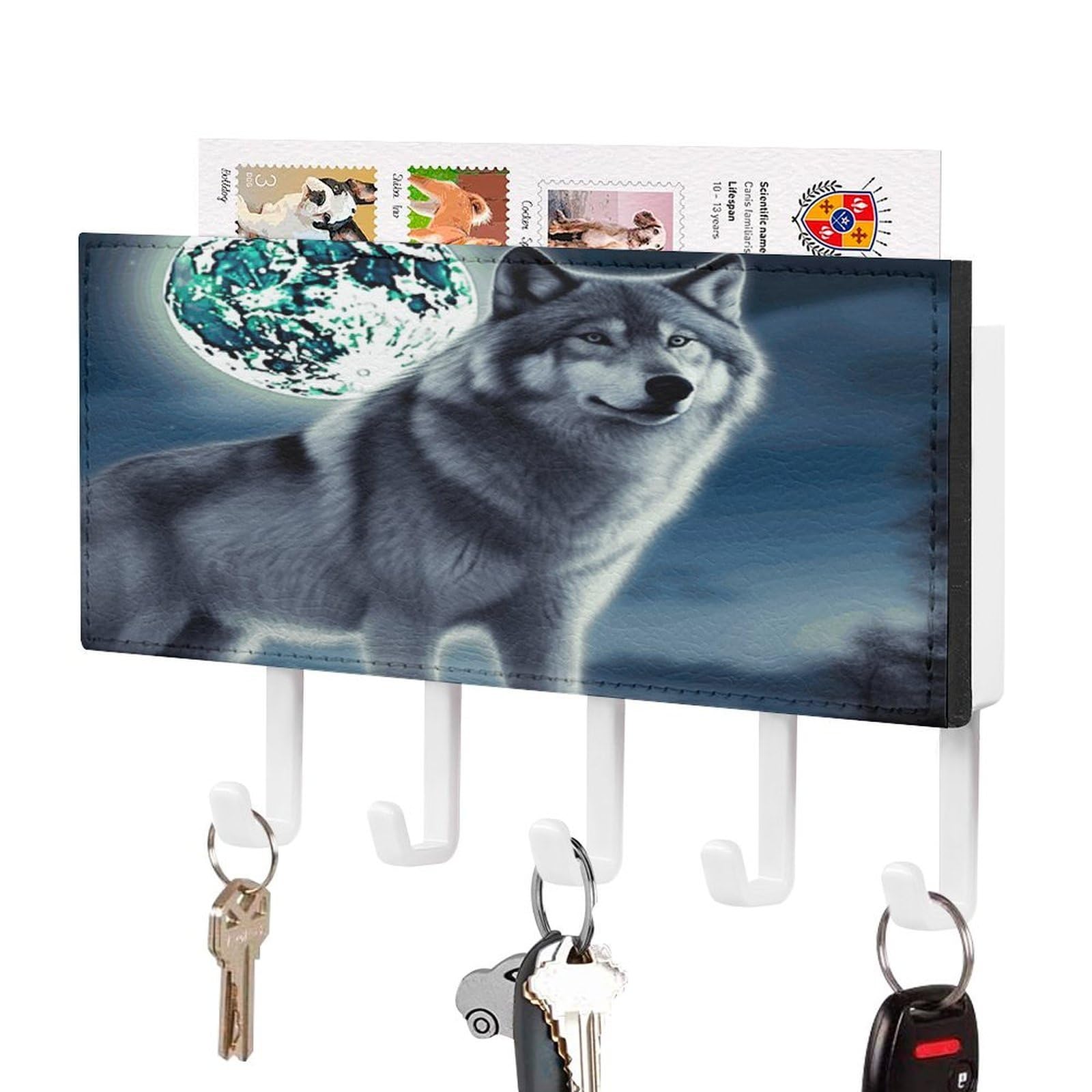 Fekiloot White-Style Wolf Under Moon Key Holder Wall Mount Key And Mail Holder Key Hanger With 5 Hooks Decorative Pu Key Rack Hanging Key Hooks For Wall Living Room Kitchen Bathroom Hallway