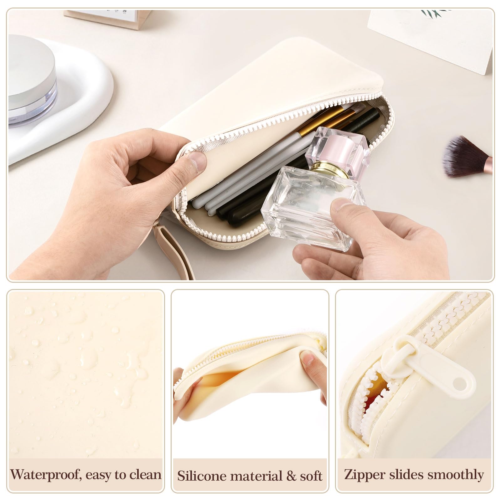 DAMILY Borsa Cosmetica in Silicone Impermeabile, Borsa Cosmetica Portatile Da Viaggio, Borsa Di Lavaggio Carina, Portafoglio Della Borsa Cosmetica Della Chiusura Lampo, Unisex (Beige)