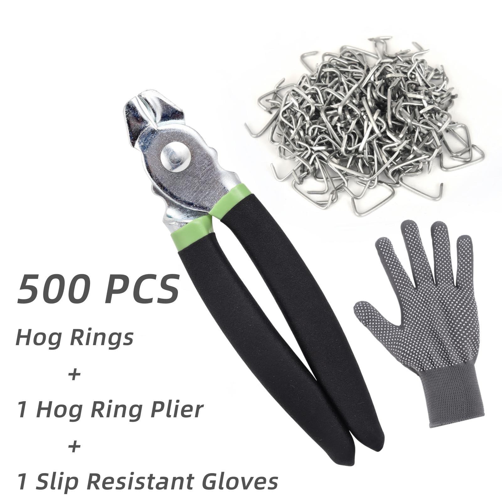 Kit de alicates de anillo de cerdo, 500 anillos de acero galvanizado de 3/4 pulgadas, diseño ergonómico, con resorte, ideal para vallas, tapicería de automóviles, manualidades, muebles