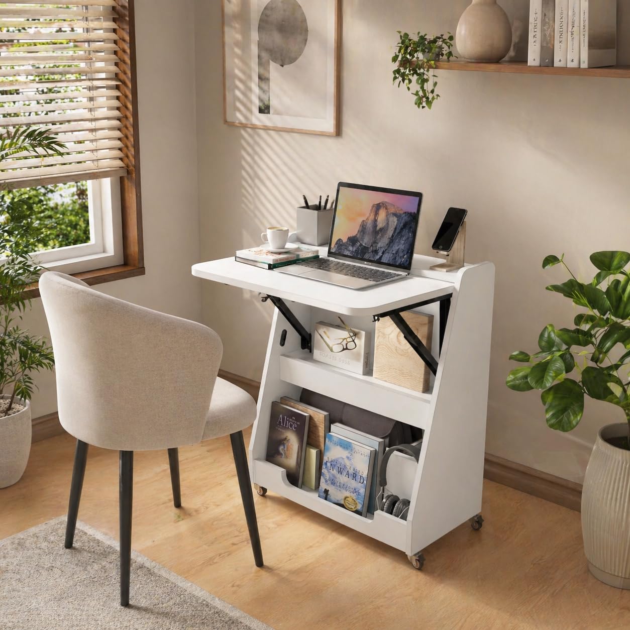 Studio Kook Nora Folding Table (Study Table, Multipurpose Desk with Wheels, Engineered Wood, Matte Finish) (Moonshine White)