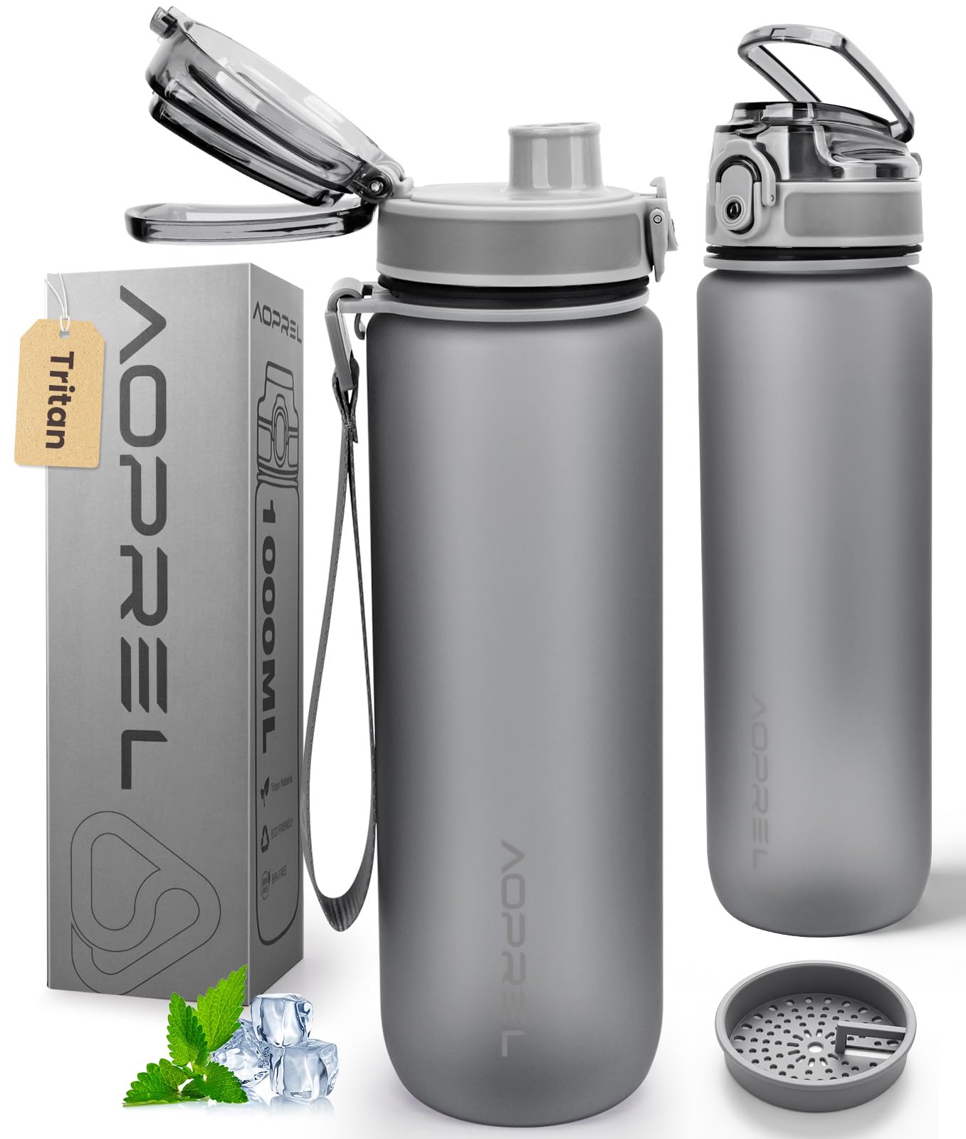 Aoprel Grey Leakproof Water Bottle 1L/650Ml With Time Marker, Bpa-Free Tritan