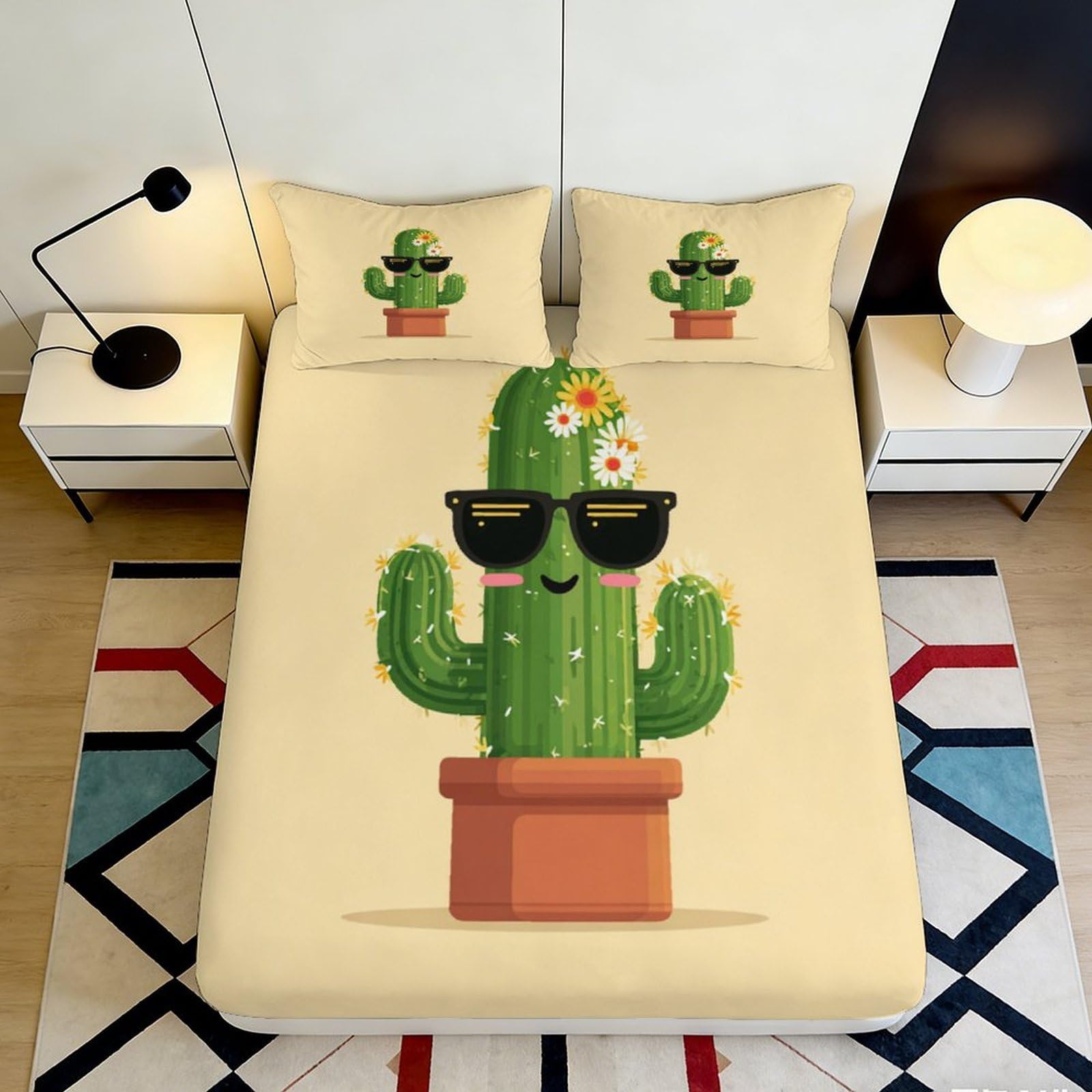3D Printed Cactus with Sunglasses Fitted Sheet Microfiber Beige Cartoon Plant Mattress Cover Bedroom Dorm Decor 90x200x25cm