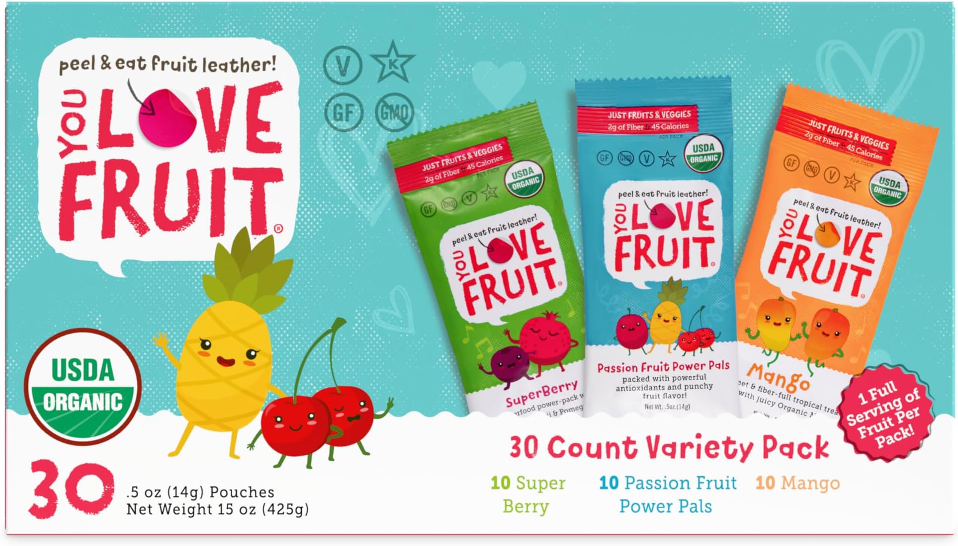 YOU LOVE FRUIT - Fruit Snacks Variety Pack 30 count, 100% Natural Gluten-Free, Vegan, Low Carb, Low Fat Fruit Kosher Snacks for Kids, College Students, Teachers and Offices, Healthy Fruit Snacks