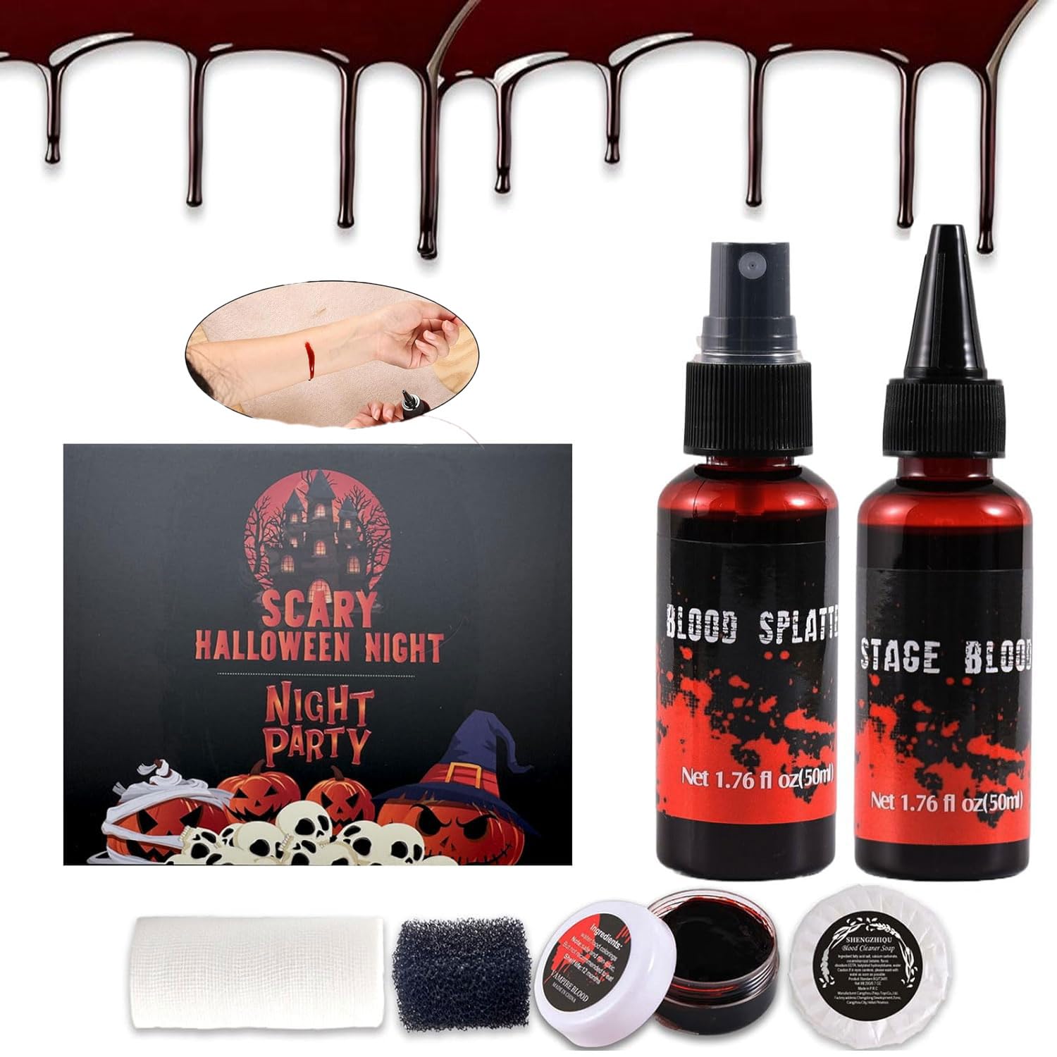 Photo 1 of 6PCS Halloween Fake Blood Makeup Kit?Washable for Scar Wound and Clothes Realistic Face Paint Wounds Costume Blood For Vampire, Zombie, Clown Cosplay Red?Stipple Sponge ? Cleansing Soap and Gauze