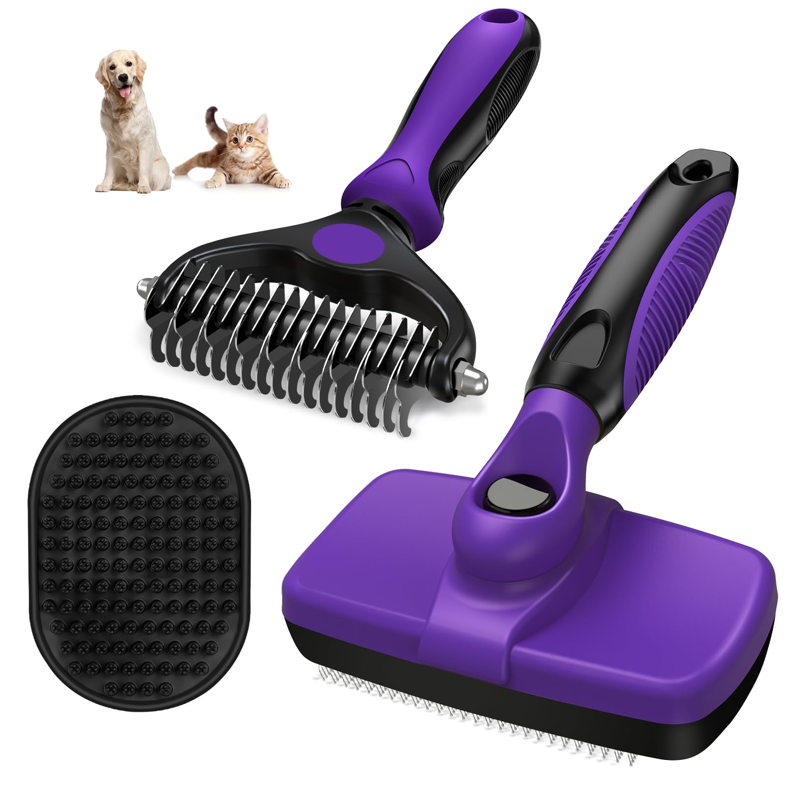 3PCS Dog Brush I Dog Brush for Shedding I Deshedding Dog Brush I Dog Bath Brush I Slicker Brush For Dogs I Dog Comb I Premium Pet Supplies (Purple Black)