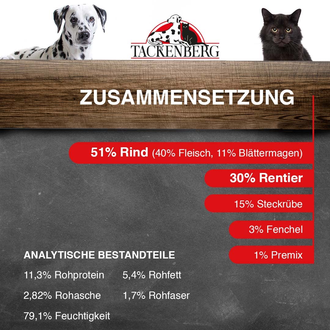 TACKENBERG Rentier und Rind mit Steckrübe & Fenchel Nassfutter Dose für Hunde - Hundefutter in Premiumqualität - natürlich getreidefrei, 12 x 400 g