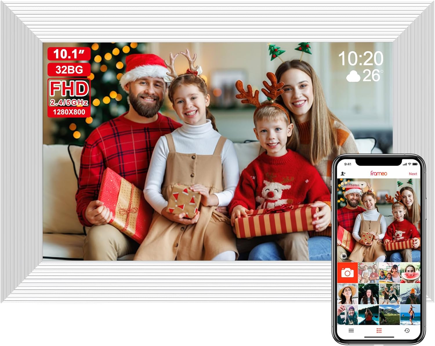 Frameo 10.1 Inch Smart WiFi Digital Photo Frame,Digital Picture Frame Wi-Fi with 32GB Storage & SD Slot, Electronic Picture Frame IPS Touch Screen with Auto-Rotate, Frameo Digital Frame WiFi -White