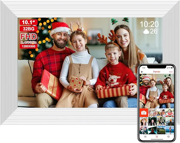 Frameo 10.1 Inch Smart WiFi Digital Photo Frame,Digital Picture Frame Wi-Fi with 32GB Storage & SD Slot, Electronic Picture Frame IPS Touch Screen with Auto-Rotate, Frameo Digital Frame WiFi -White