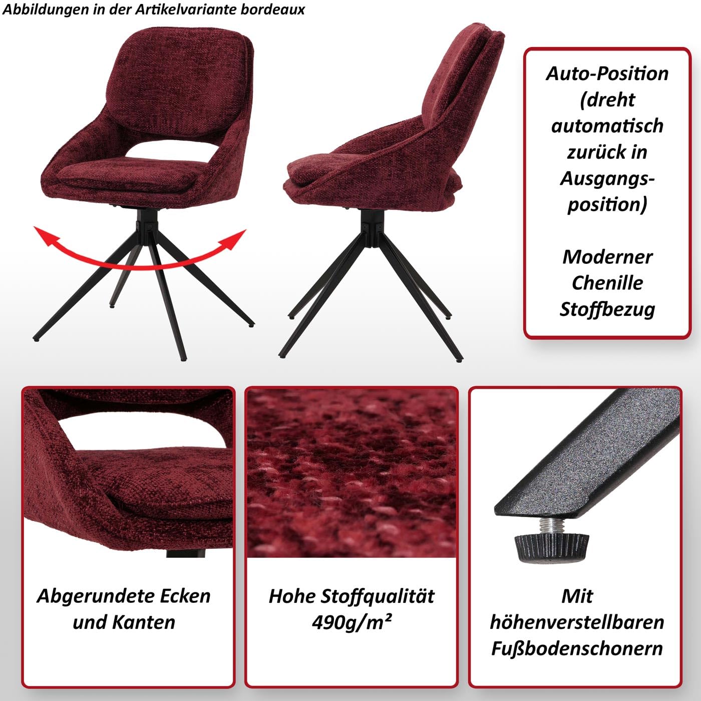 Mendler 2er-Set Esszimmerstuhl HWC-N73 Stoff/Textil Chenille - dunkelgrau